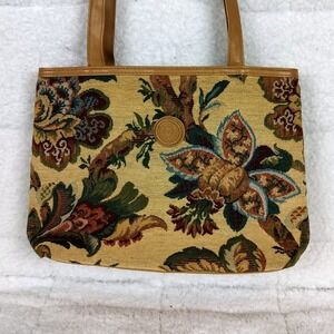 Vintage Floral Tapestry Shoulder Bag Tan Woven‎ Multi Compartment Handbag Mitzi